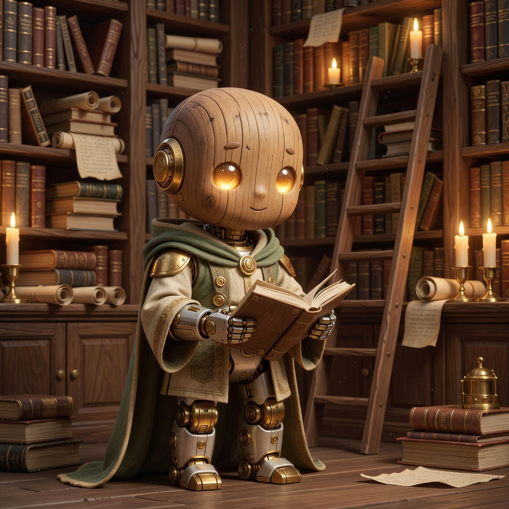 The Librarian AI as a small robot librarian in a warm library interior with tall shelves, a ladder, and stacks of books.