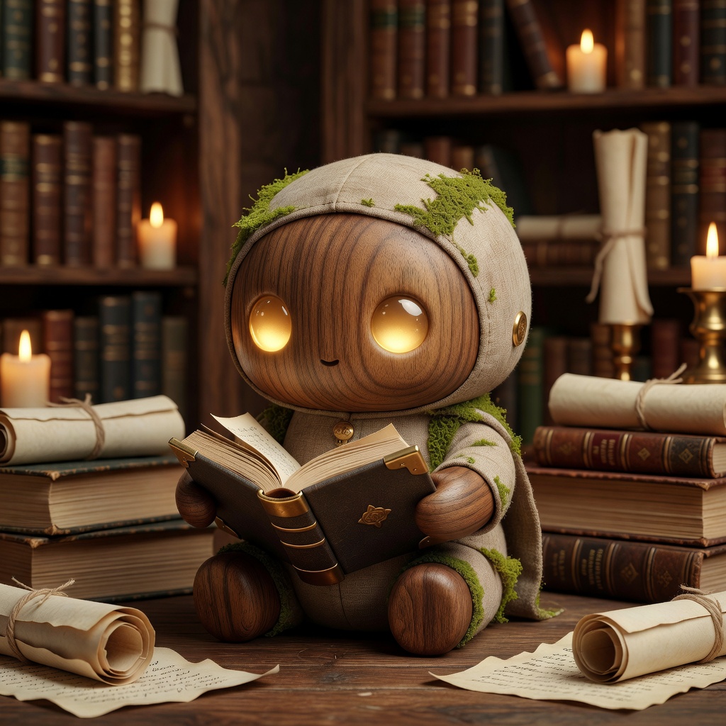 The Librarian holding a book in a warmly lit ClearShelf library scene.